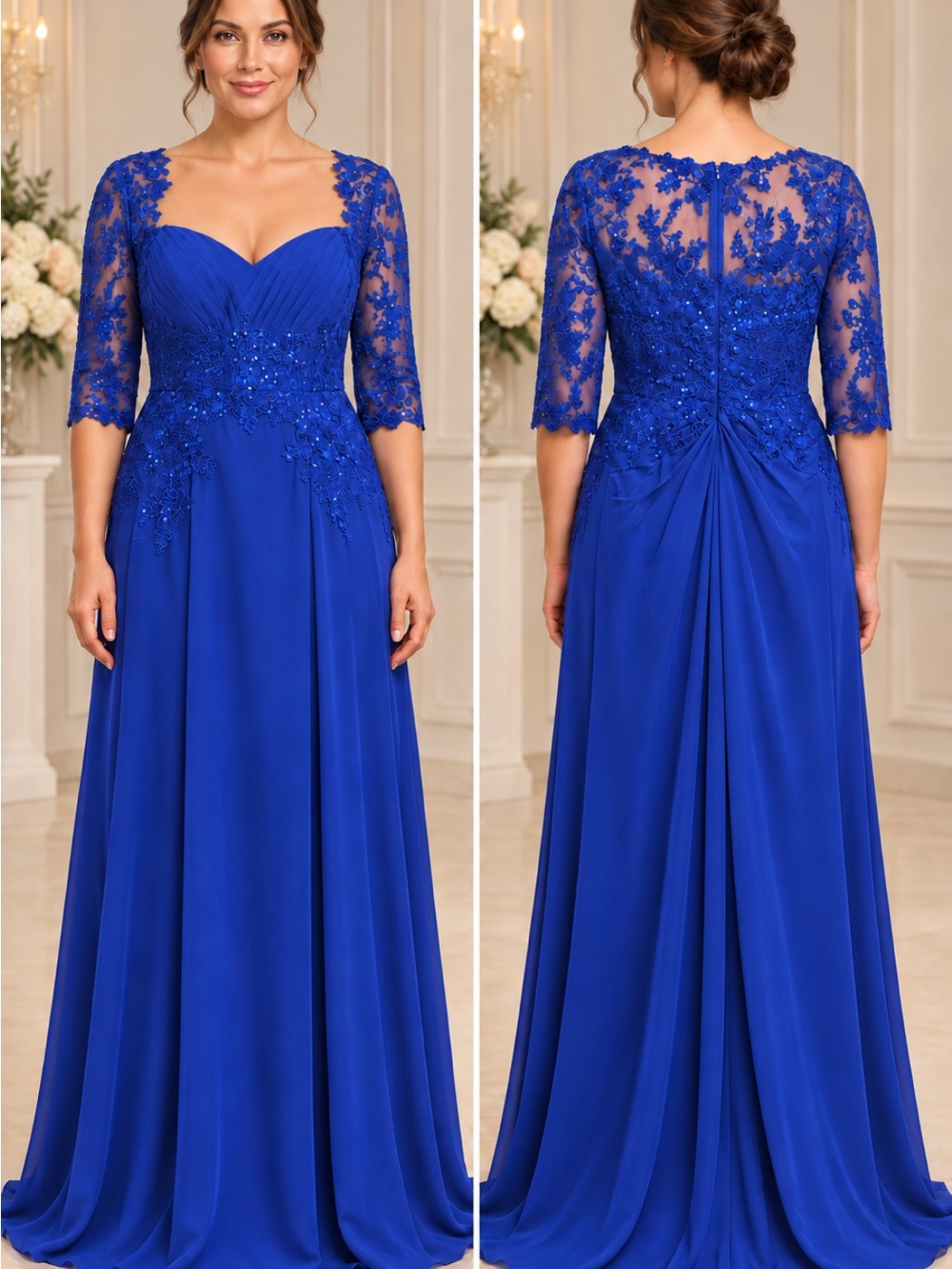 Elegant Royal Blue Lace & Beaded Maxi Dress